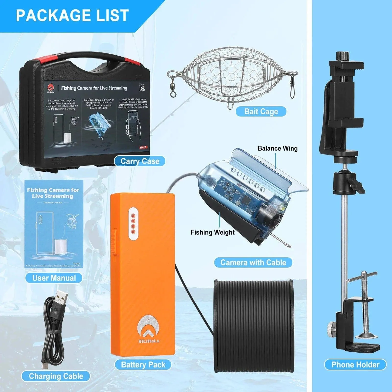 1080P Underwater Fishing Live Video Camera APP Control Fish Finder With 50M Cable Mobile Phone Holder Bait Cage Carry Case