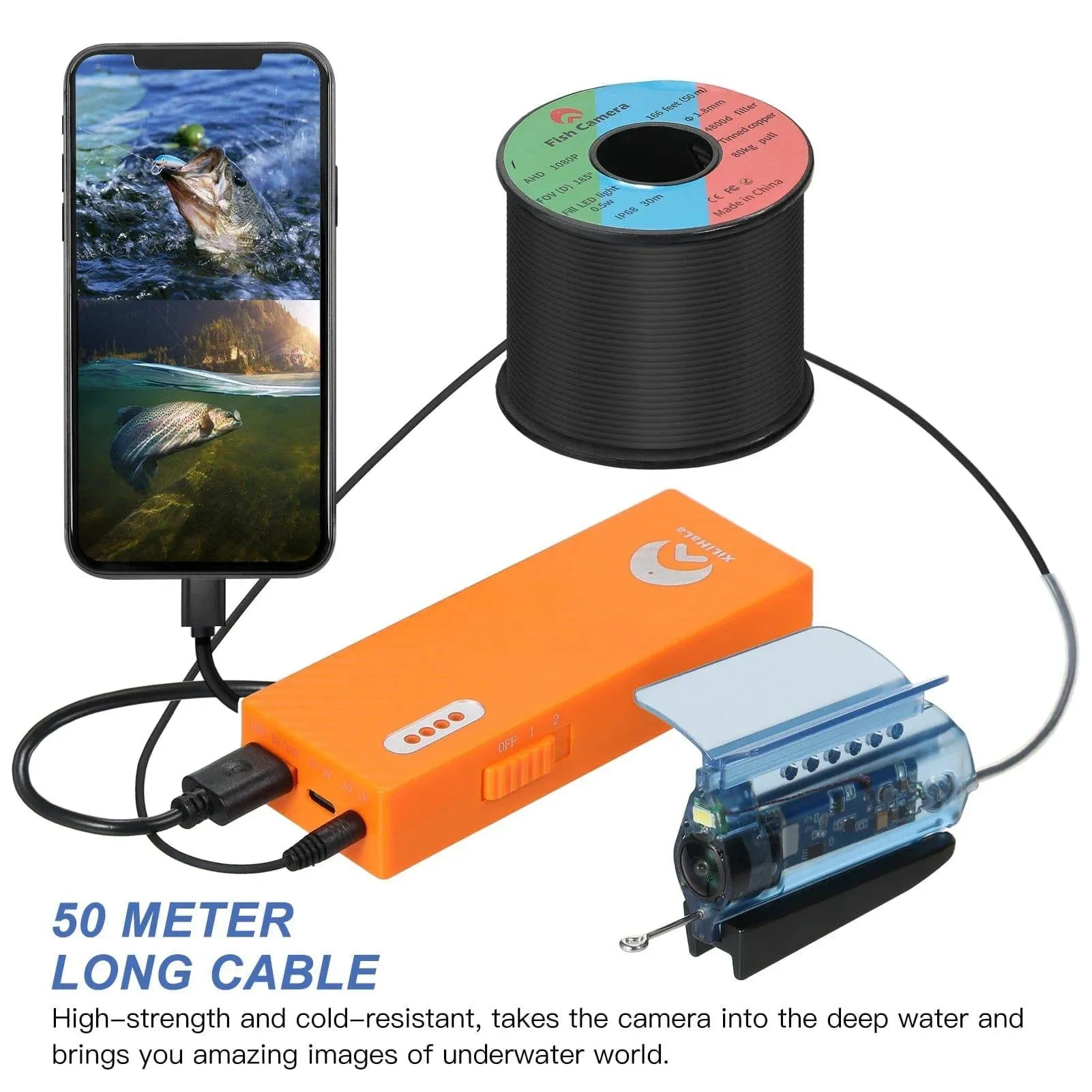 1080P Underwater Fishing Live Video Camera APP Control Fish Finder With 50M Cable Mobile Phone Holder Bait Cage Carry Case