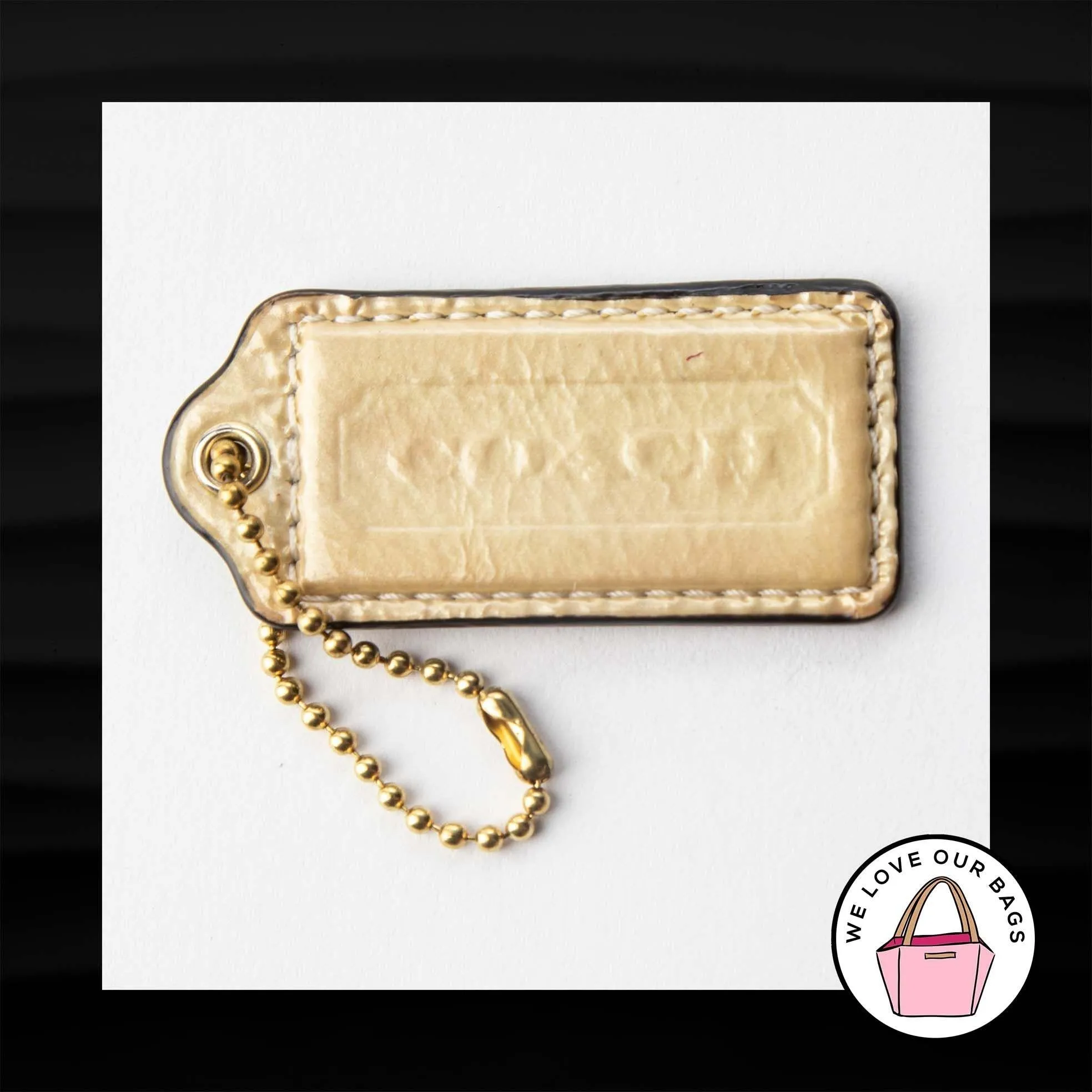 2.25" COACH PEARL CREAM PATENT LEATHER BRASS KEY FOB BAG CHARM KEYCHAIN HANGTAG