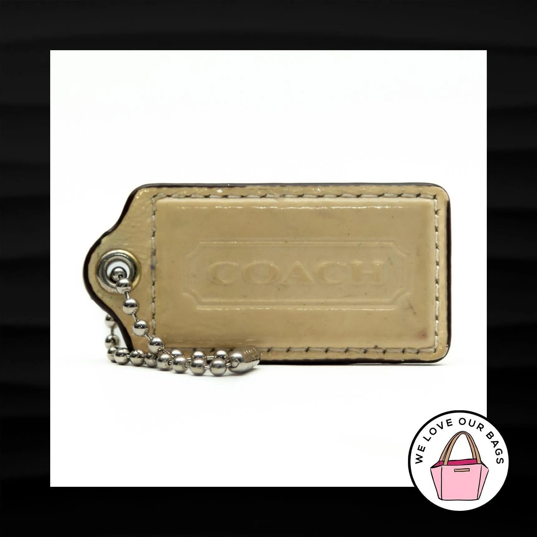 2.5" Large COACH CREAM PATENT LEATHER KEY FOB BAG CHARM KEYCHAIN HANGTAG TAG