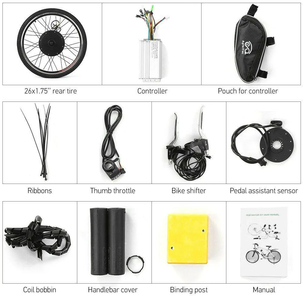 26x1.75'' Electric Bike Conversion Kit Bike Rear Wheel Hub Motor Kit 48V 1000W Powerful E-Bike Motor Kit Brushless Controller PAS Signal Light Bike Brake Shifter Kit