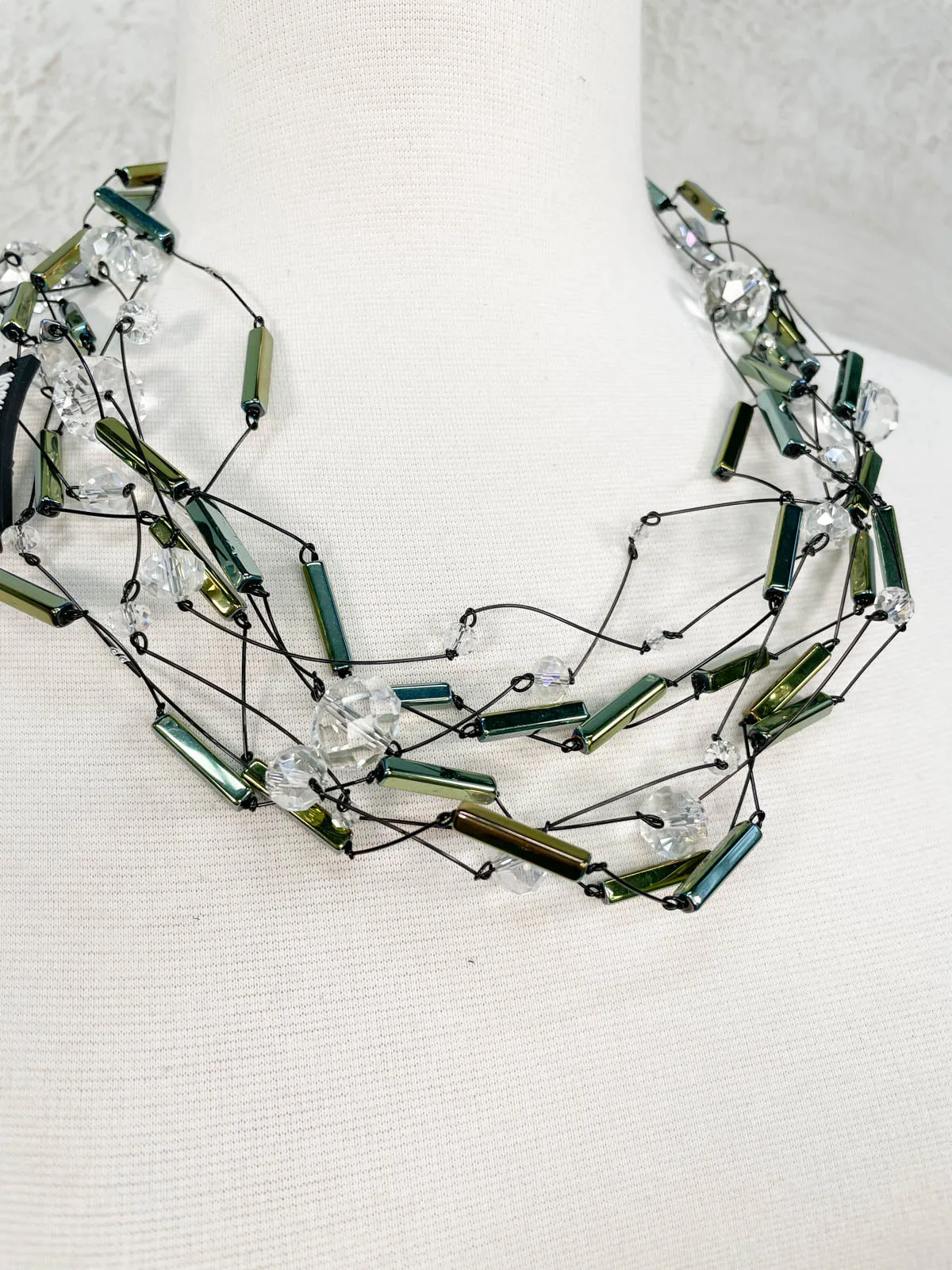 4 Strand Crystal Beads & Tubes Necklace, Clear/Peacock