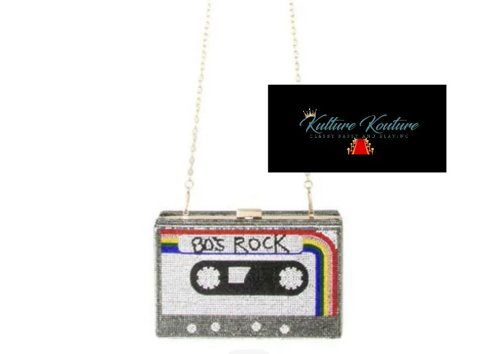 80's Rock Mixed Tape Rhinestone Cassette Clutches with Removable Straps