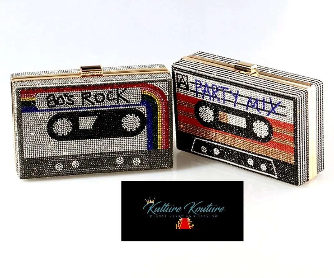 80's Rock Mixed Tape Rhinestone Cassette Clutches with Removable Straps