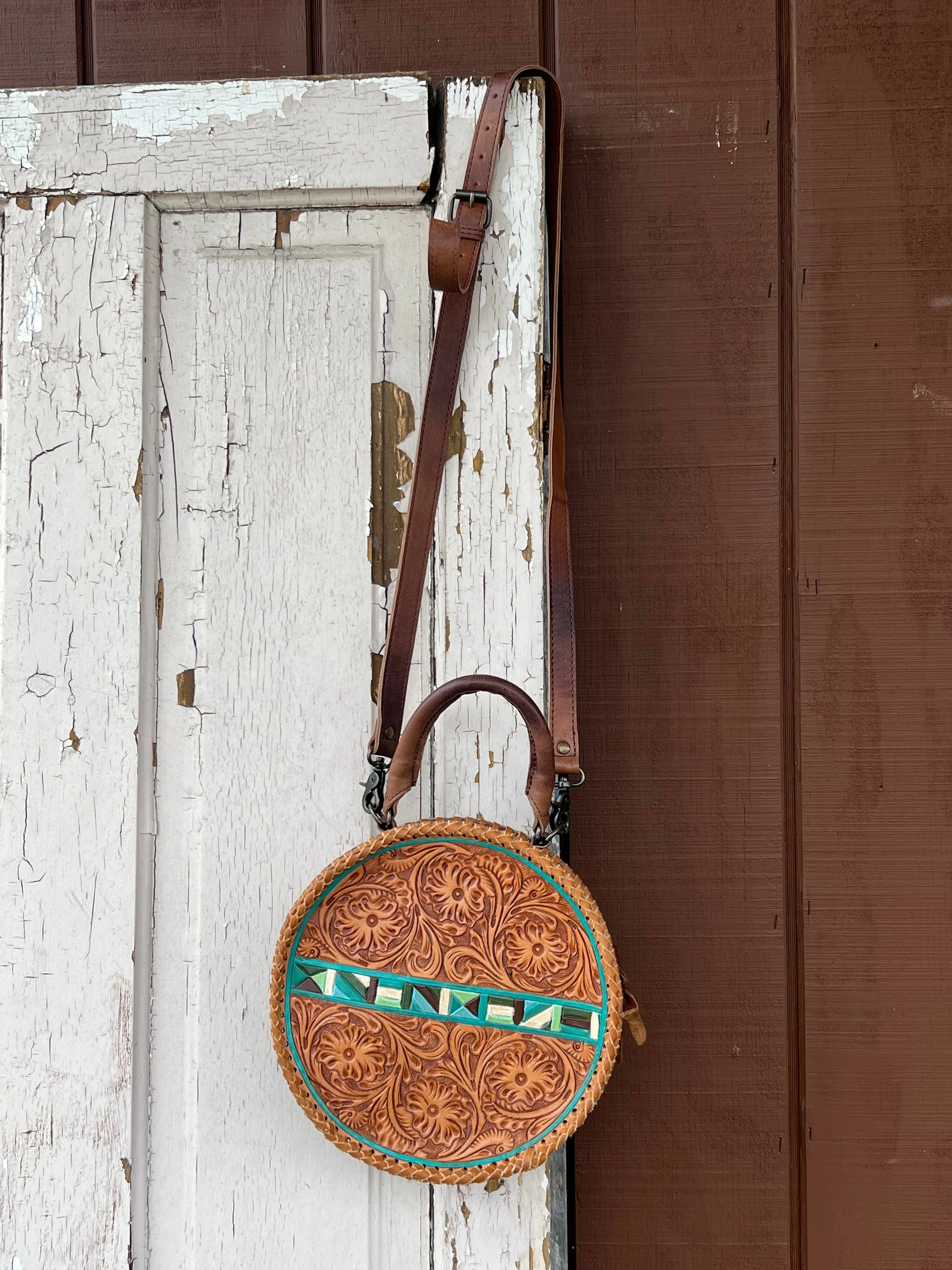 American Darling Round Brown Tooled Leather Purse with Painted Accents ADBG1025A