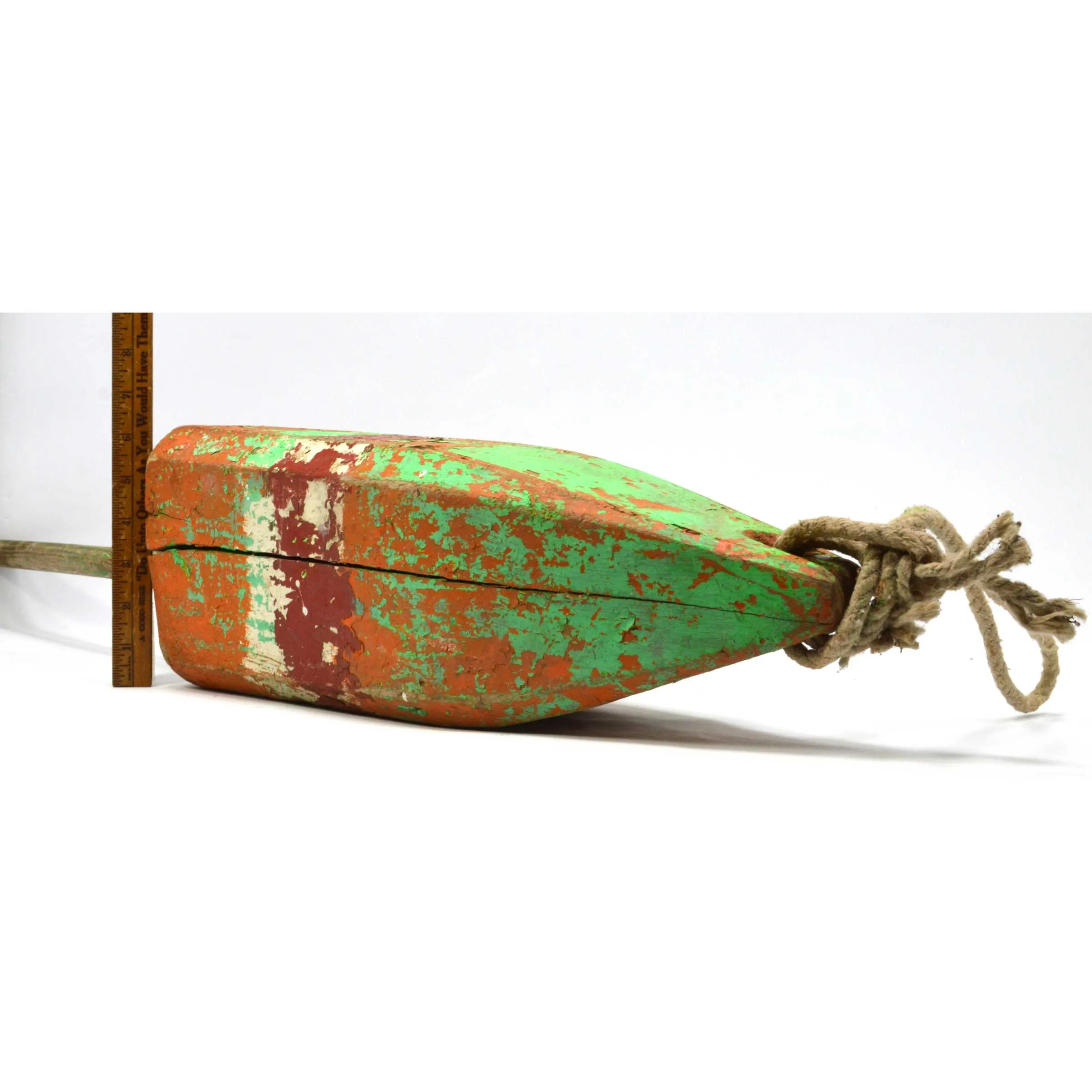 Antique LOBSTER/CRAB POT BUOY Old GREEN ORANGE & RED PAINT on Wood FISHING FLOAT