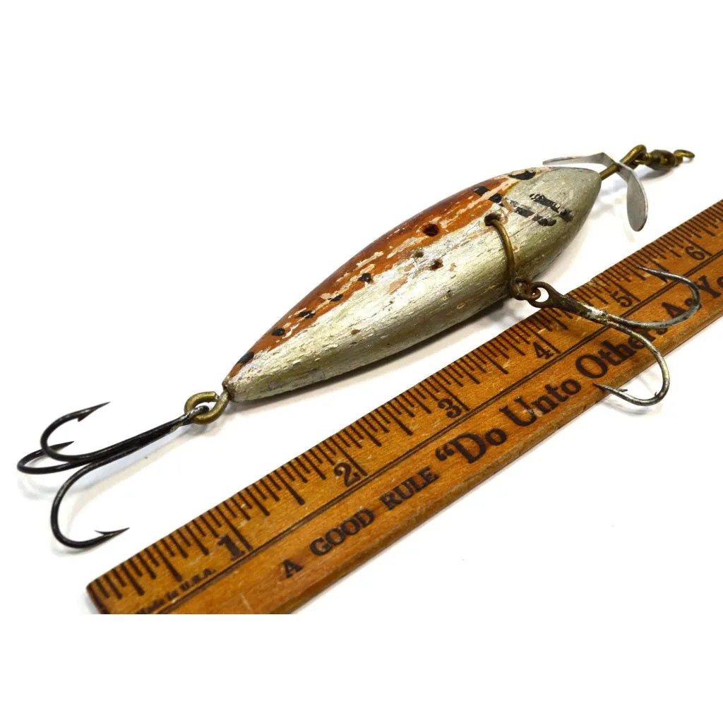 Antique WOODEN FISHING LURE 4" Hand/Homemade BROWN & SILVER Minnow PATINA!!