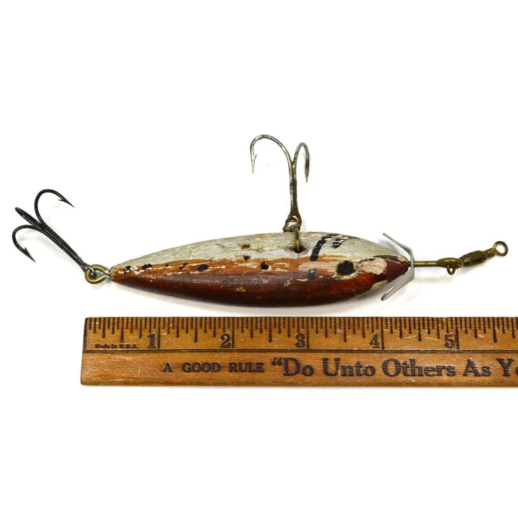 Antique WOODEN FISHING LURE 4" Hand/Homemade BROWN & SILVER Minnow PATINA!!