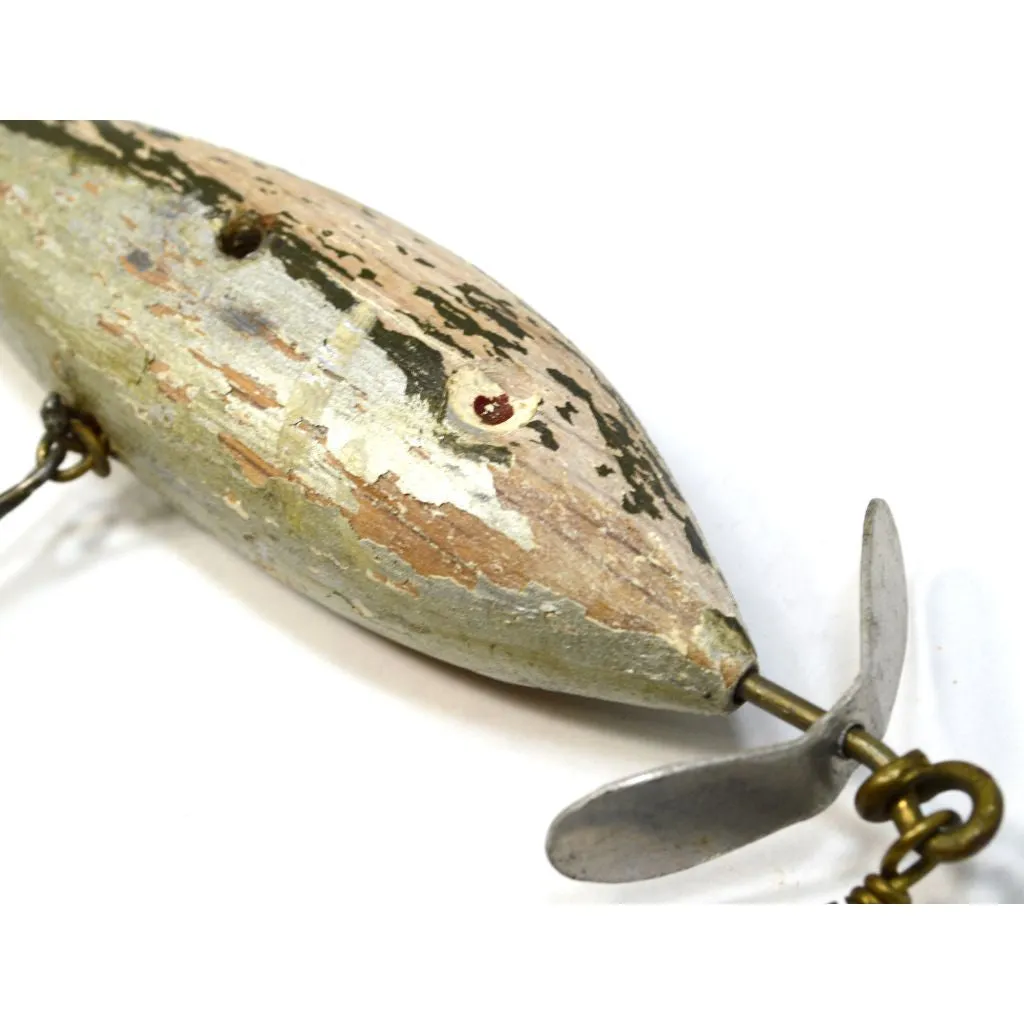 Antique WOODEN FISHING LURE 5" Hand/Homemade GREEN & SILVER Minnow PATINA!