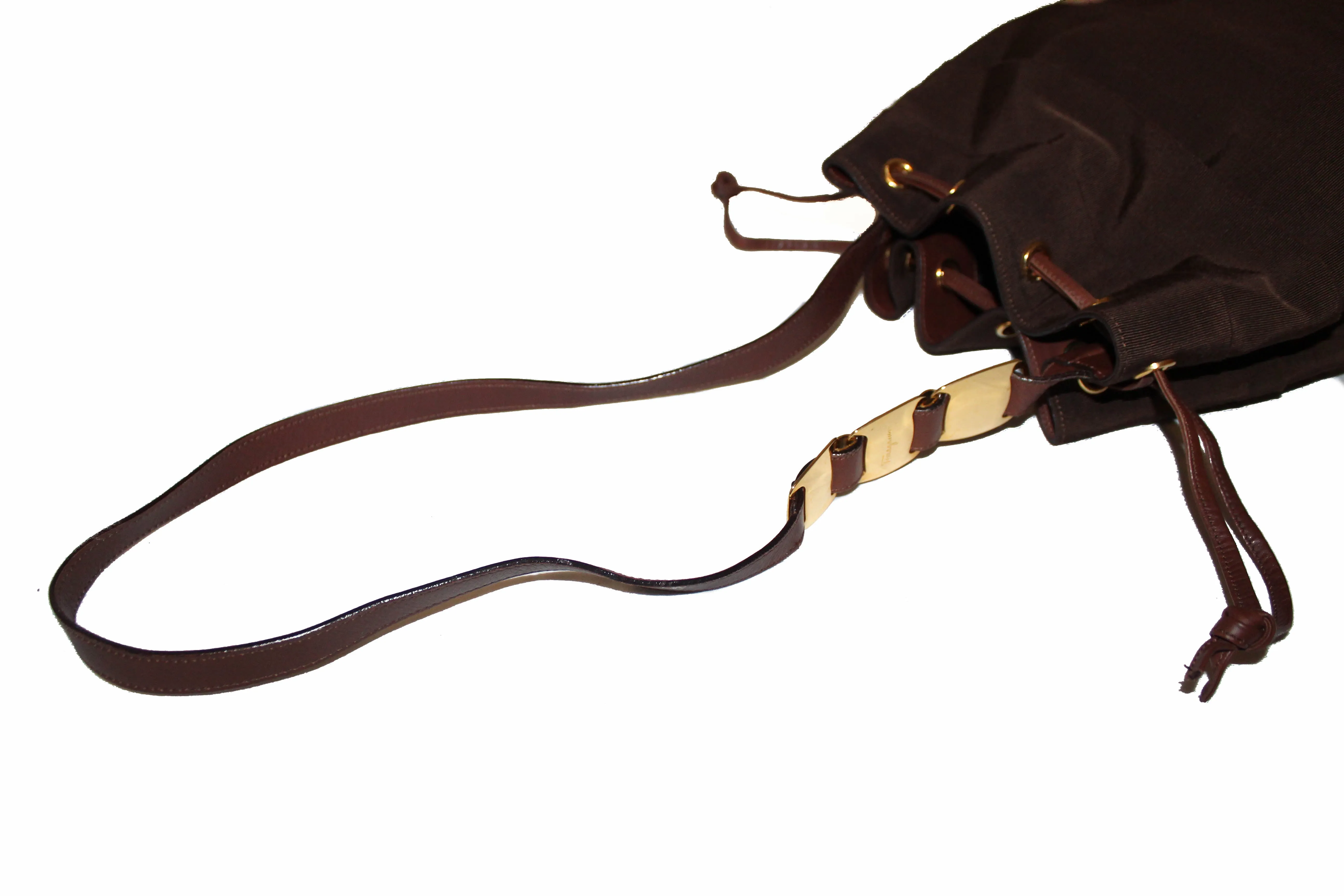 Authentic Salvatore Ferragamo Brown Fabric Drawstring Shoulder Bag