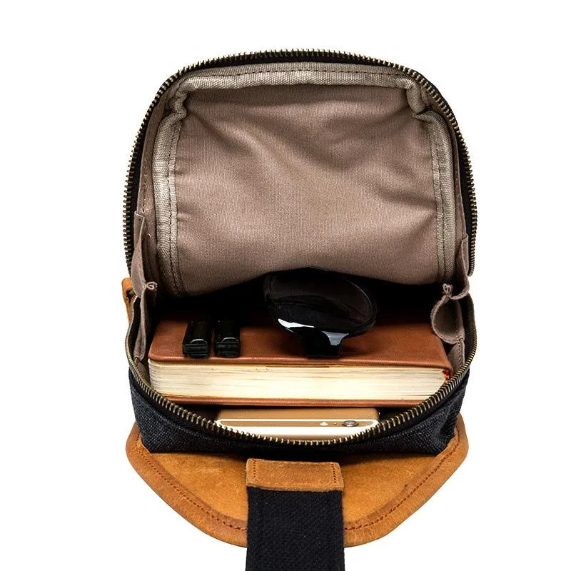 Black Canvas Leather Sling Backpack Men's Sling Bag Chest Bag Canvas One shoulder Backpack For Men