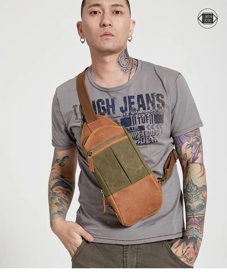 Black Canvas Leather Sling Backpack Men's Sling Bag Chest Bag Canvas One shoulder Backpack For Men