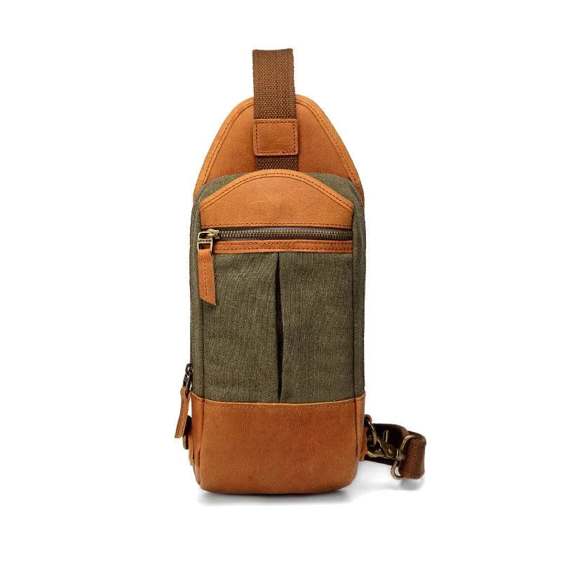 Black Canvas Leather Sling Backpack Men's Sling Bag Chest Bag Canvas One shoulder Backpack For Men