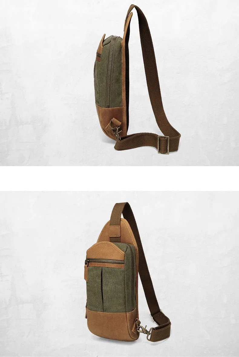 Black Canvas Leather Sling Backpack Men's Sling Bag Chest Bag Canvas One shoulder Backpack For Men