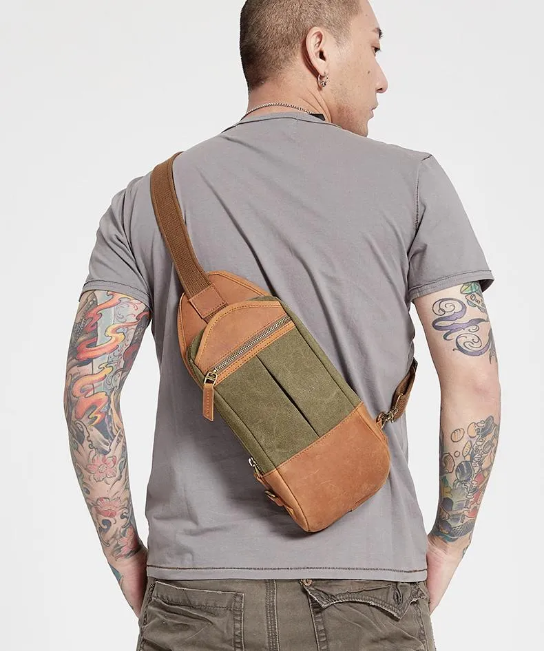 Black Canvas Leather Sling Backpack Men's Sling Bag Chest Bag Canvas One shoulder Backpack For Men