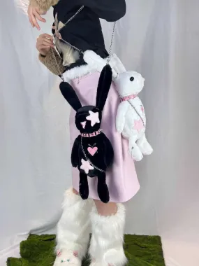 Black White Rabbit Doll Cute Plush Chain Star Love Collar Messenger Bag