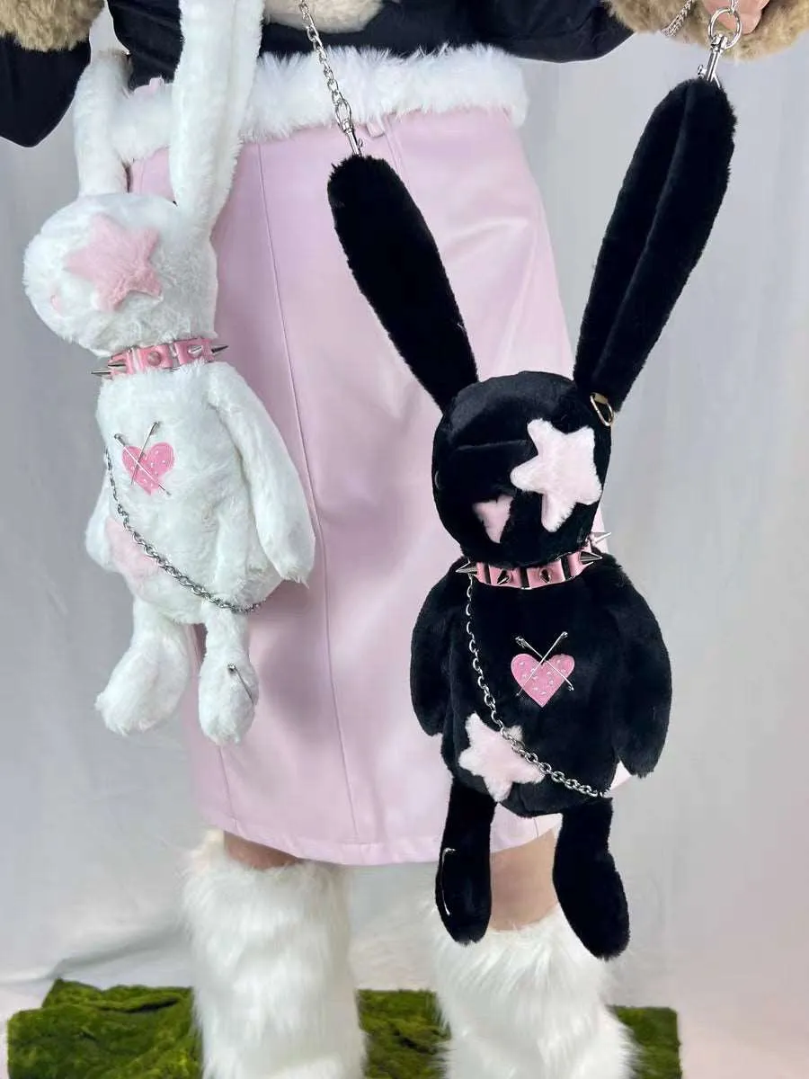 Black White Rabbit Doll Cute Plush Chain Star Love Collar Messenger Bag