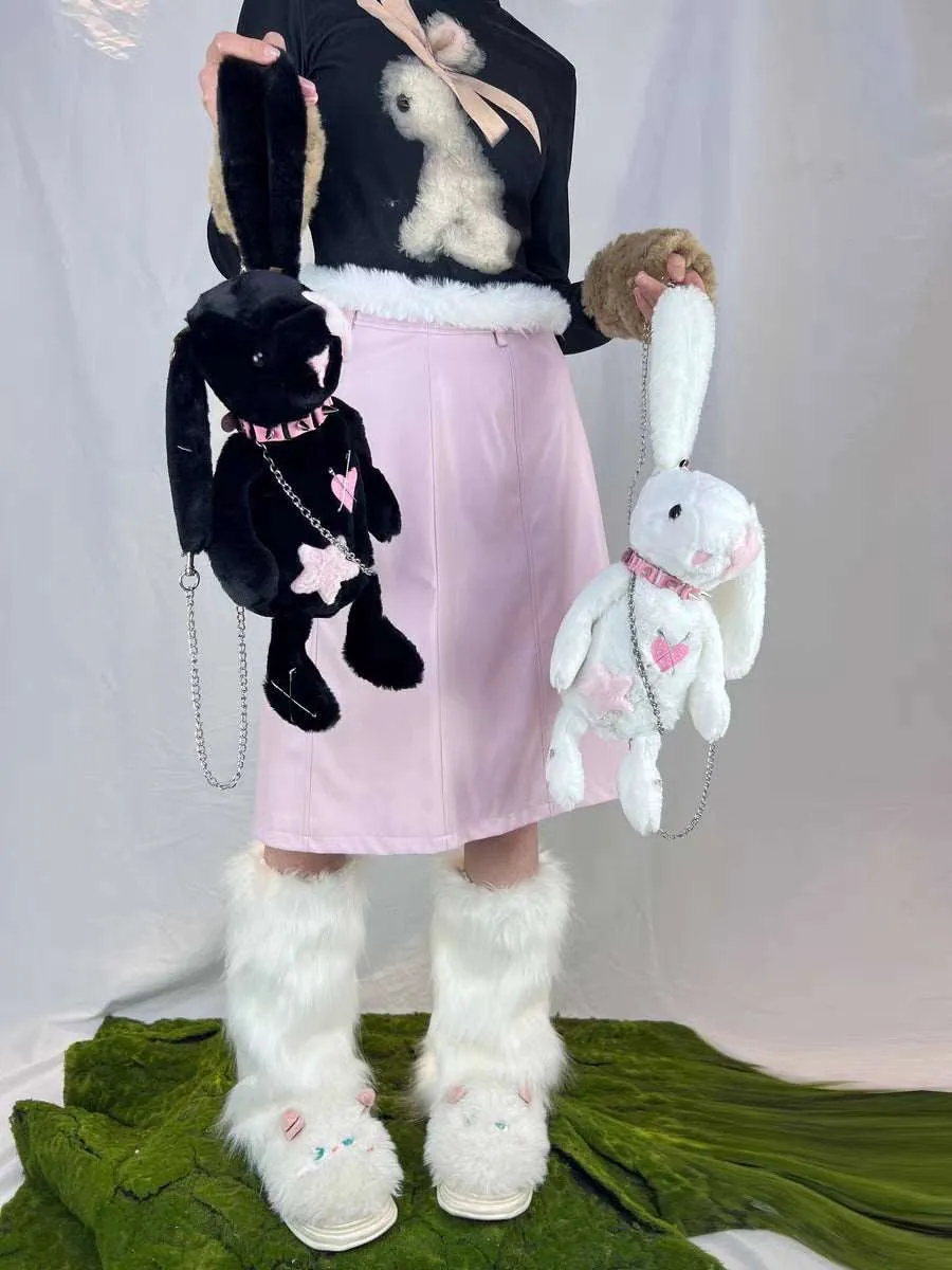 Black White Rabbit Doll Cute Plush Chain Star Love Collar Messenger Bag