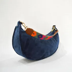 BLUE VELVET half moon crescent purse, reversible, detachable embroidered leather handles, 13(w)X6.5(ht) inches