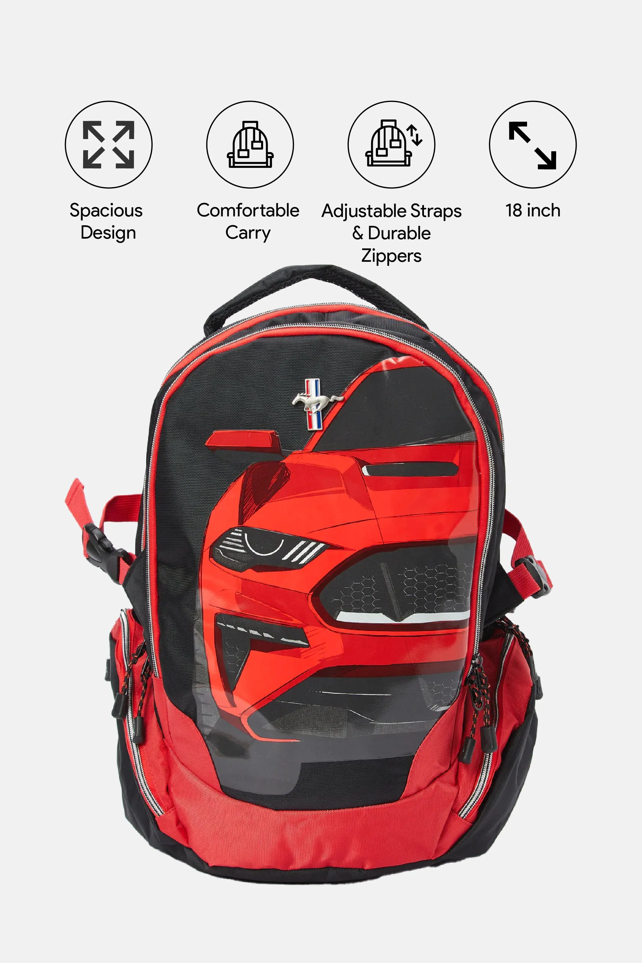 Boys Black and Red Mustang Car Print 18" Backpack