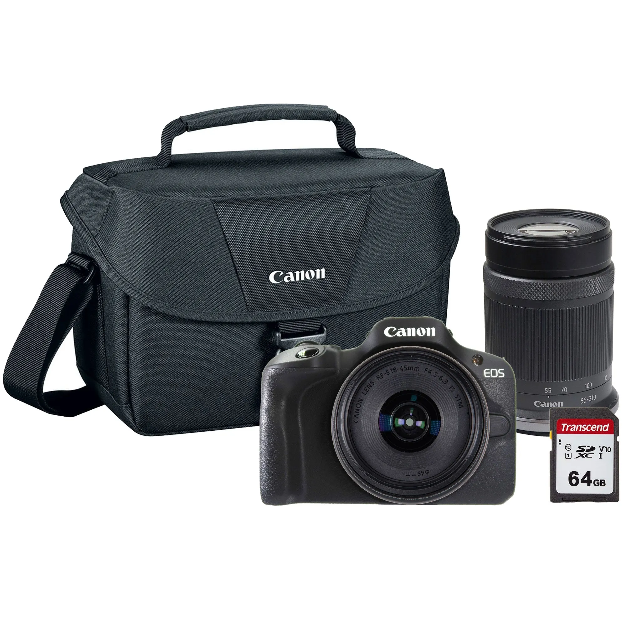 Canon EOS R100 Mirrorless Camera Black with Canon RF-S 18-45mm f/4.5-6.3 IS STM Lens and Canon RF-S 55-210mm f/5-7.1 IS STM Lens (Canon RF) Accessories