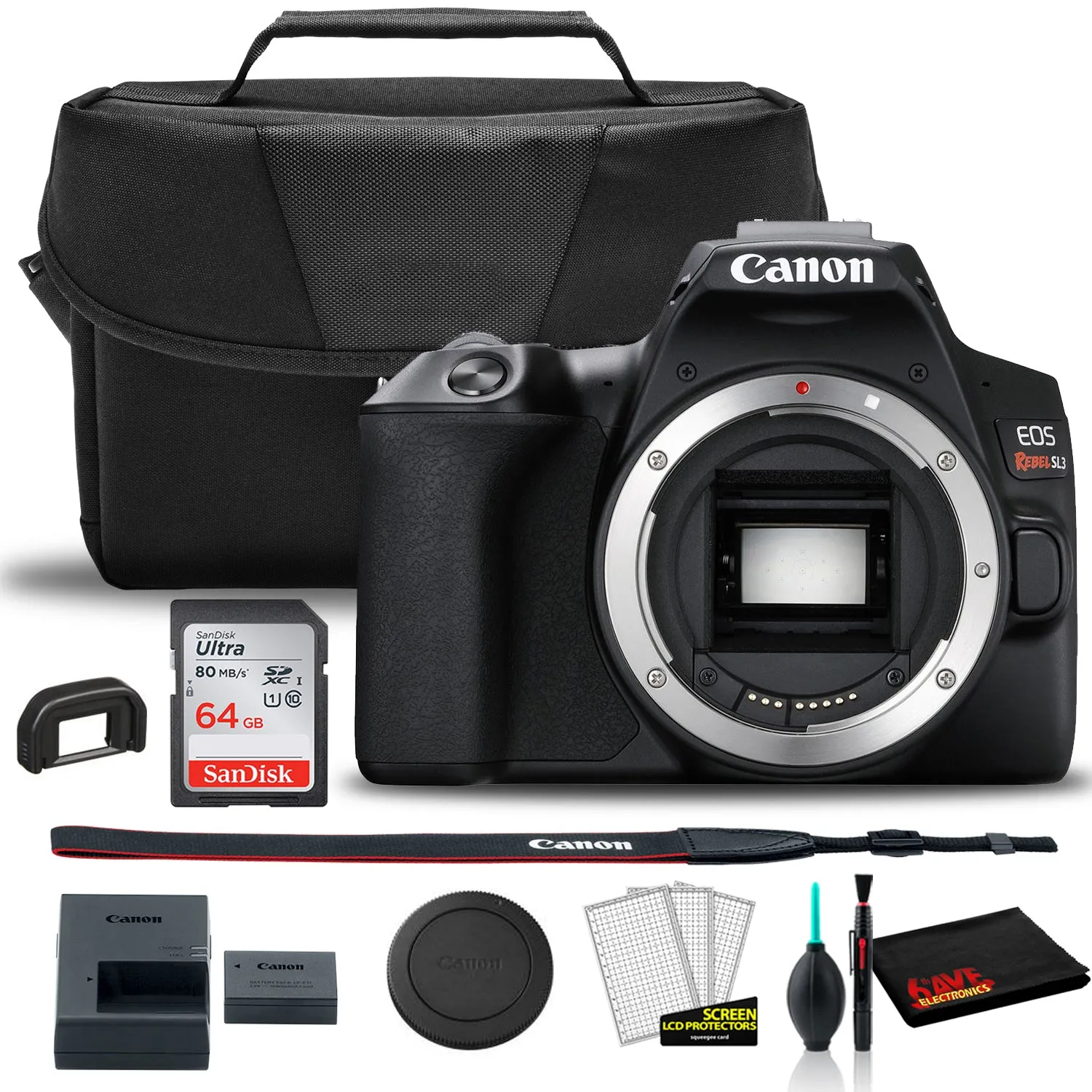 Canon EOS Rebel SL3 DSLR Camera (Black, Body Only) (3453C001)    EOS Bag    Sandisk Ultra 64GB Card   Clean and Care Kit