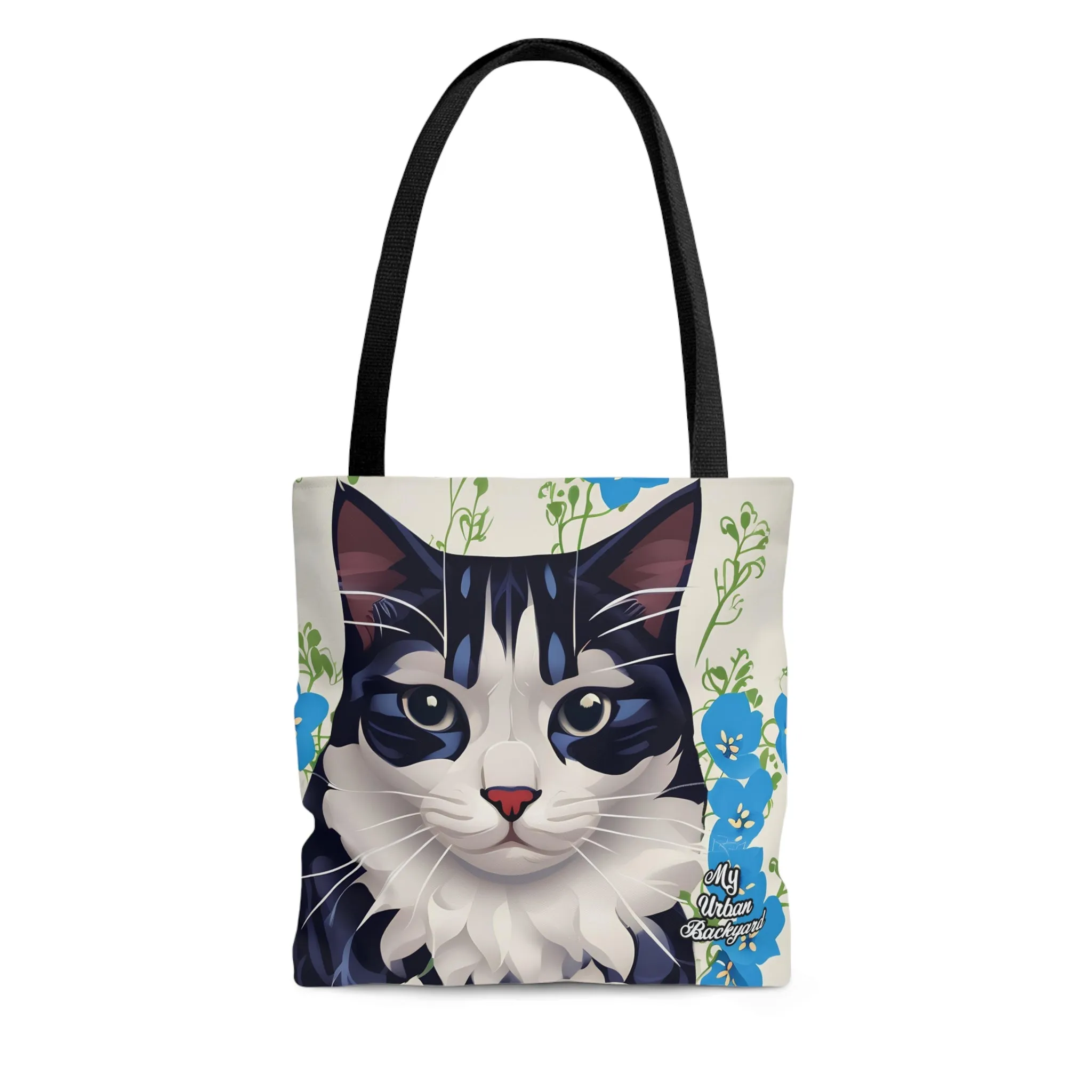 Cat and Blue Flowers, Tote Bag for Everyday Use - Durable and Functional