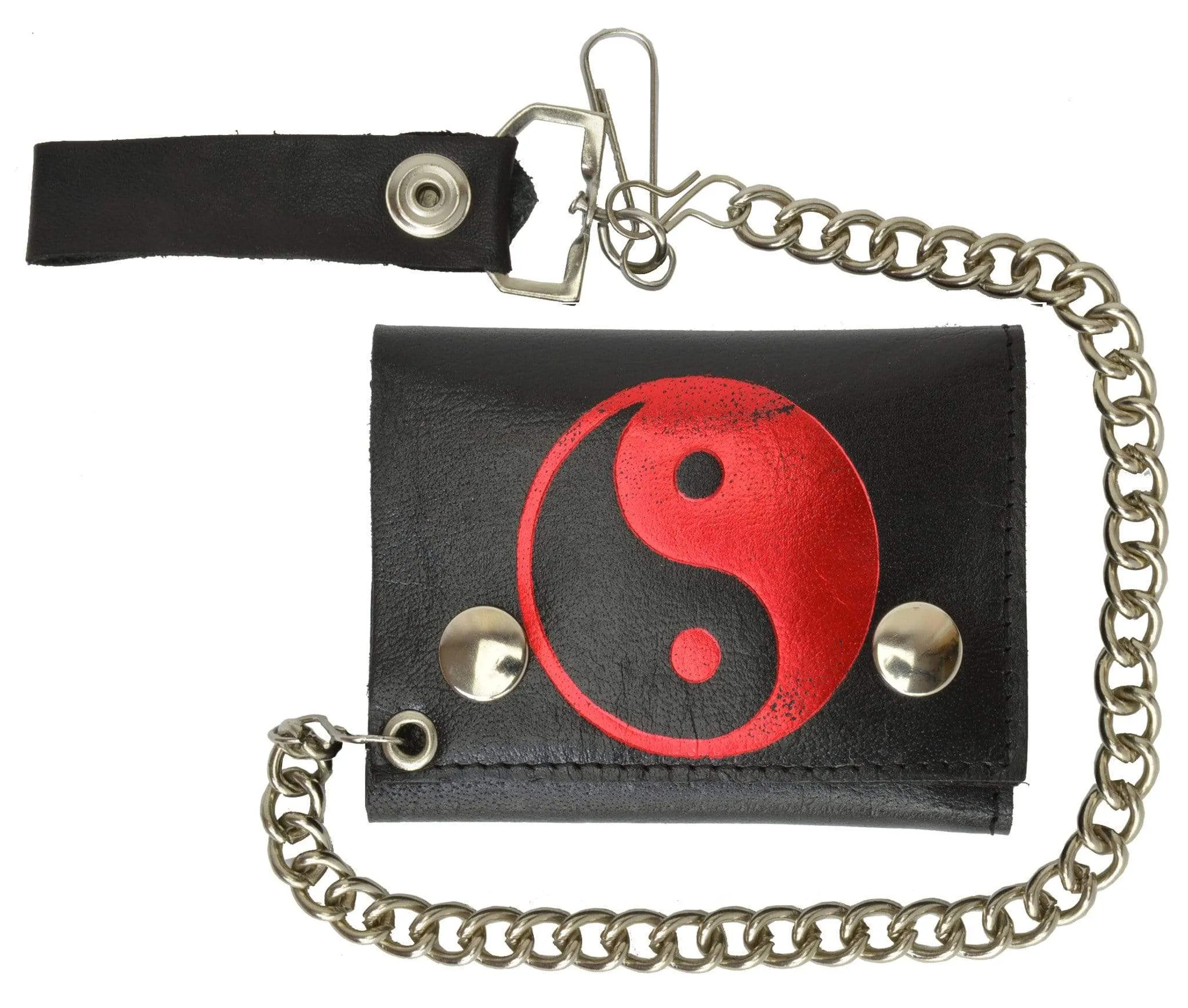 Chain Trifold Genuine Leather Wallet with Red and Black Yin Yang Ball Imprint 946-20 (C)