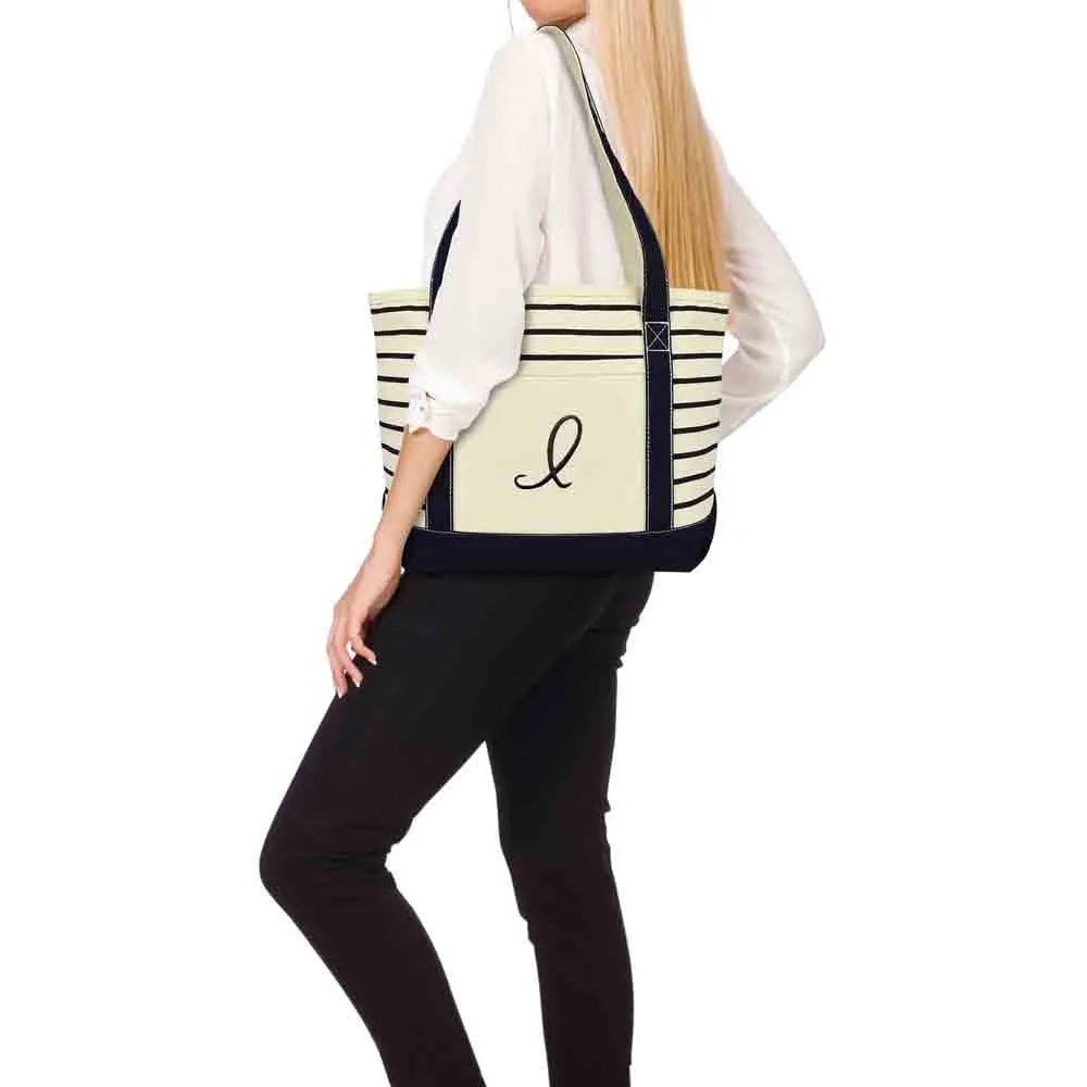 Dalix Striped I-Initial Tote Bag Womens Ballent Letter I