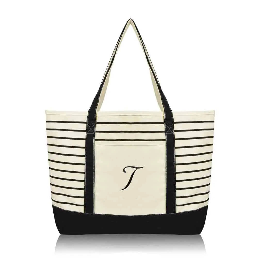 Dalix Striped T-Initial Tote Bag Womens Ballent Letter T