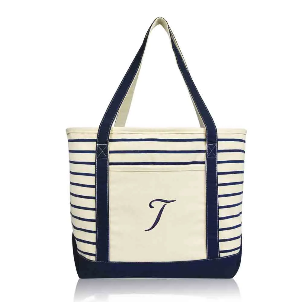 Dalix Striped T-Initial Tote Bag Womens Ballent Letter T