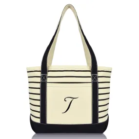 Dalix Striped T-Initial Tote Bag Womens Ballent Letter T