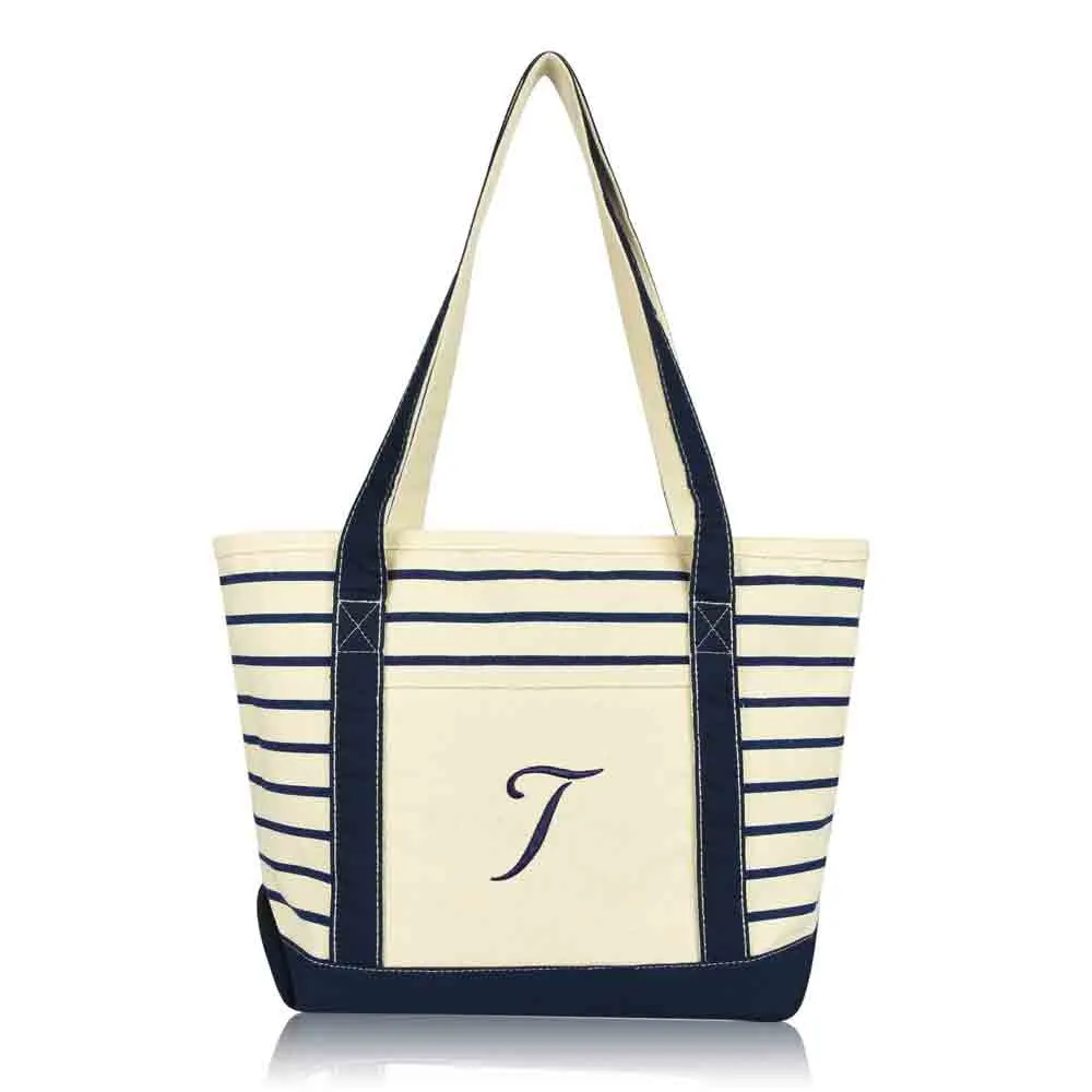 Dalix Striped T-Initial Tote Bag Womens Ballent Letter T