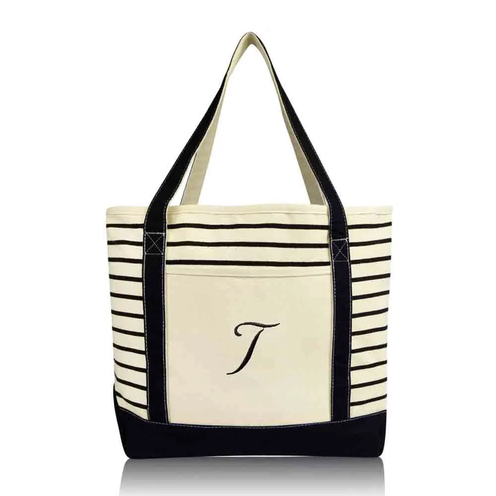 Dalix Striped T-Initial Tote Bag Womens Ballent Letter T