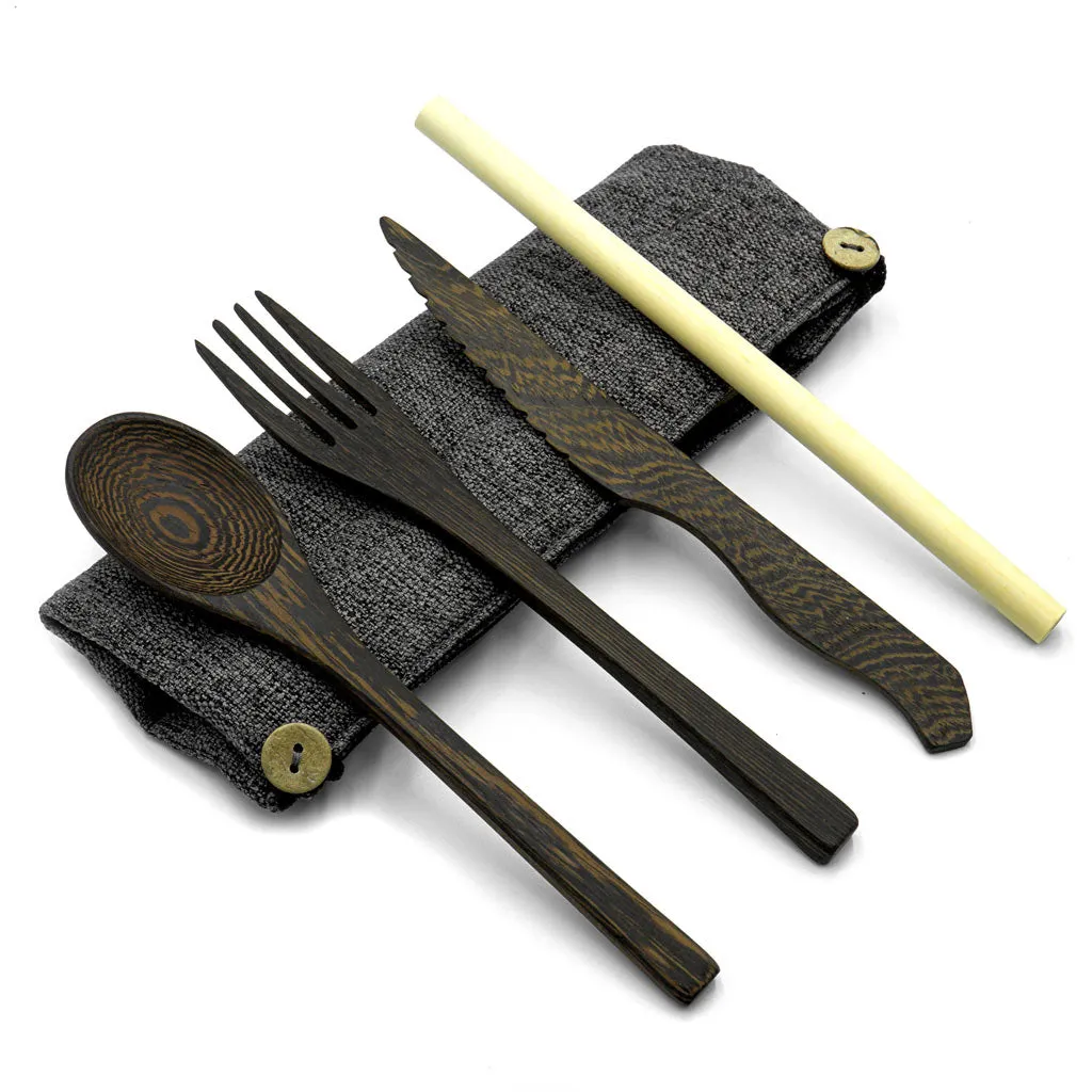 Dark Wood Cutlery Set (Brown bag)