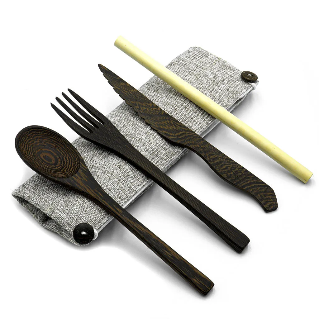 Dark Wood Cutlery Set (Brown bag)