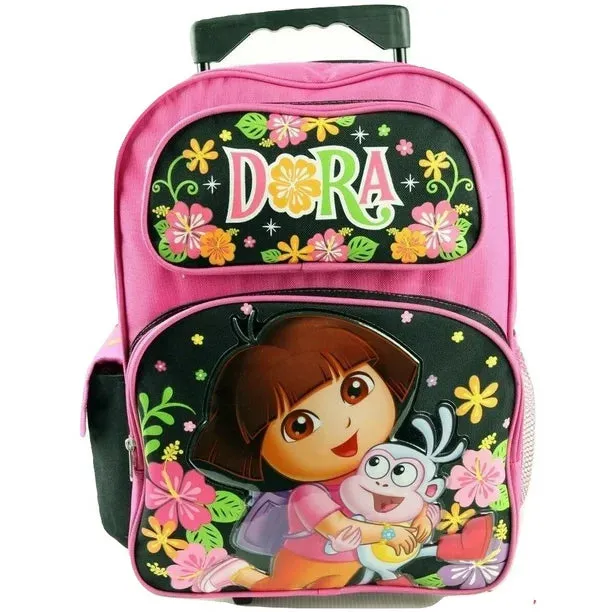 Dora the Explorer Backpack Large Rolling 16 inch Pink Black Flowers