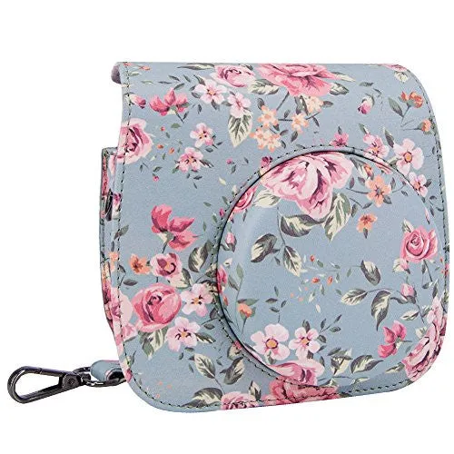 Elvam Vintage Flower Floral PU Leather Fujifilm Instax Mini 8 / Mini 8  Instant Film Camera Case Bag w/ a Removable Bag Strap