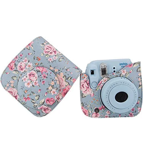 Elvam Vintage Flower Floral PU Leather Fujifilm Instax Mini 8 / Mini 8  Instant Film Camera Case Bag w/ a Removable Bag Strap