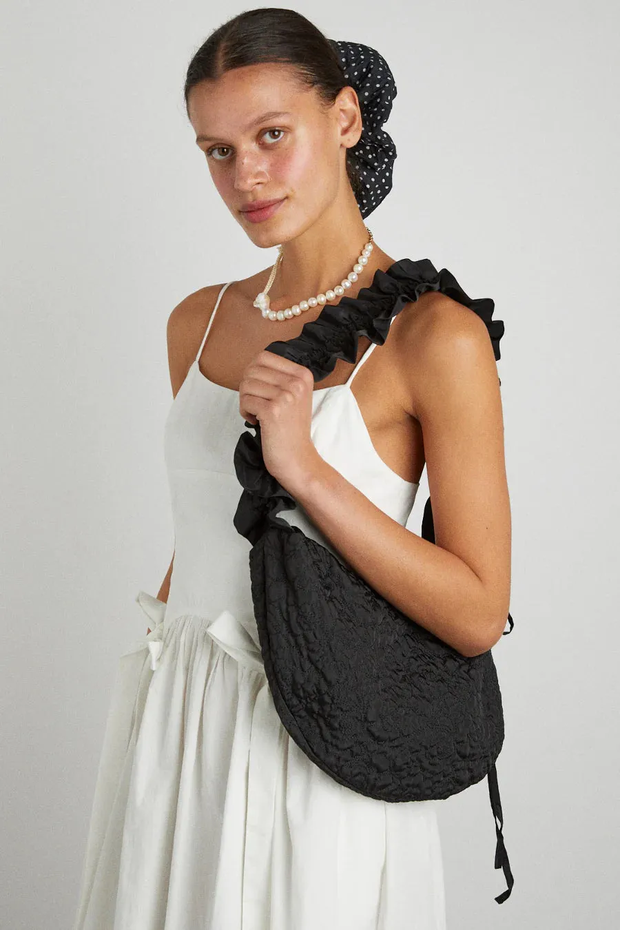 Embroidered Rose Ruched Kidney Bag Black