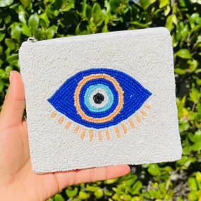 Evil Eye Beaded Coin Purse (White)