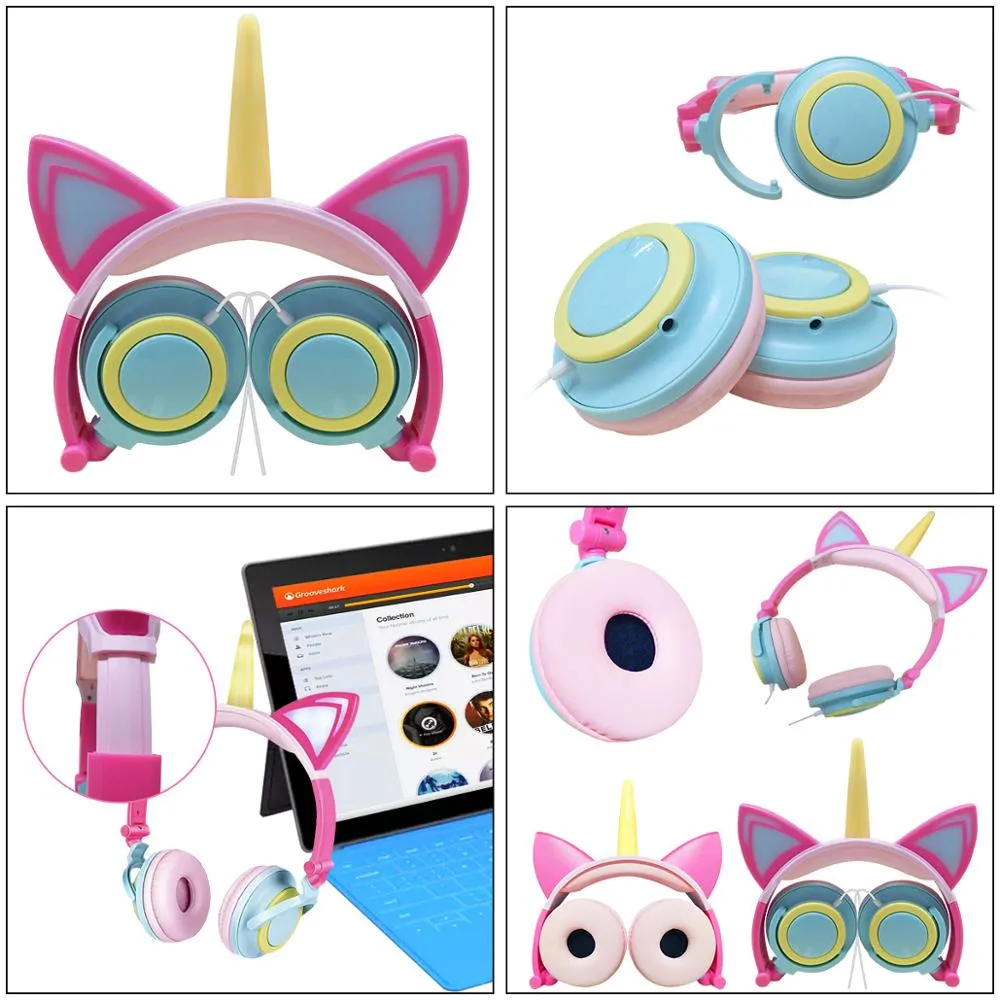 Funny Kids Headphone Led Light Unicorn Wired Headphones