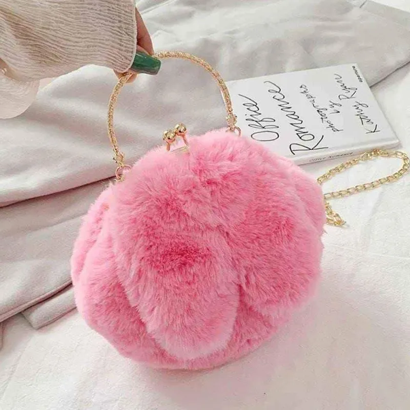 Girls Furry Soft Plush Kiss Lock Chain Shoulder Bag