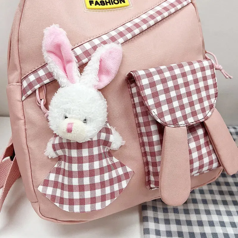 Girls Gingham Rabbit & Letter Patch Decor Functional Backpack 2919