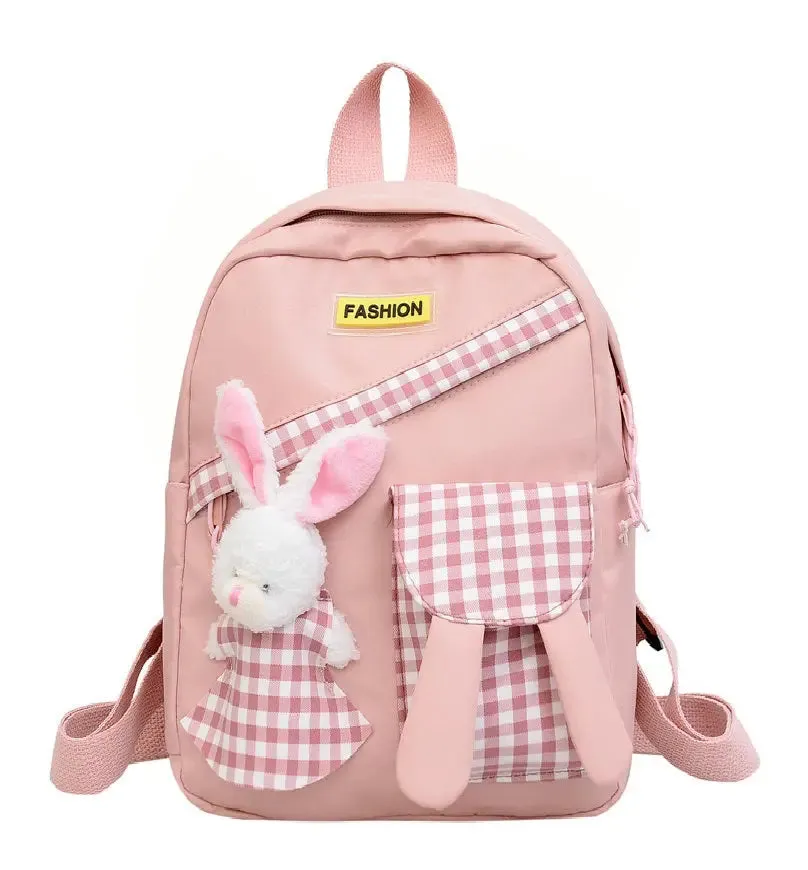 Girls Gingham Rabbit & Letter Patch Decor Functional Backpack 2919