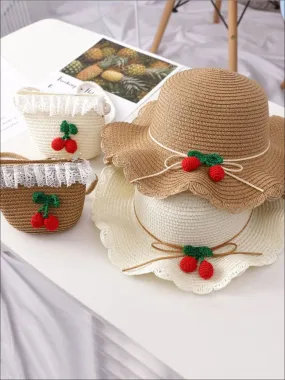 Girls Retro Straw Hat and Matching Mini Purse With Cherries