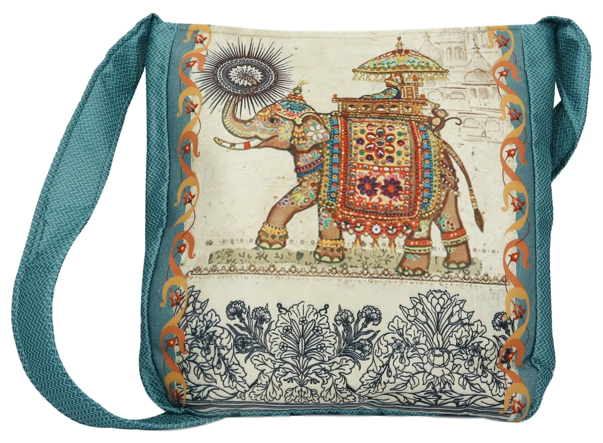 Indian Jhola Bag For Women Digital Print Cross Body Shoulder Bag Fashion Sling Bag Quilted Faux Silk,16x14x3 Inch,Elephant With Mahawat