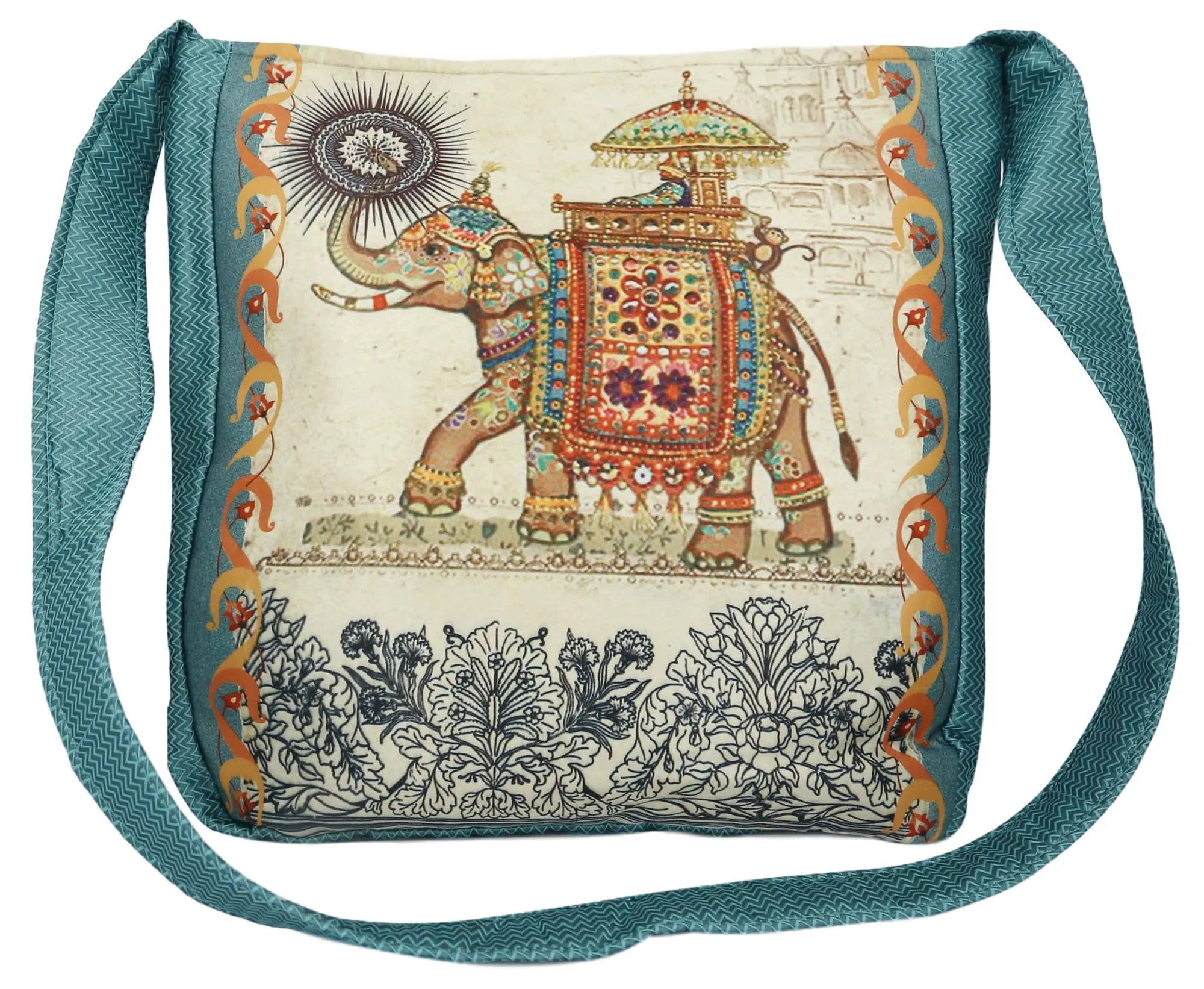 Indian Jhola Bag For Women Digital Print Cross Body Shoulder Bag Fashion Sling Bag Quilted Faux Silk,16x14x3 Inch,Elephant With Mahawat