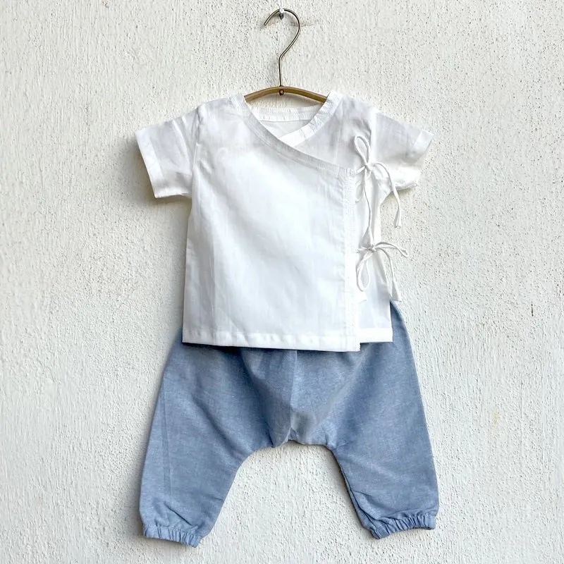 Kids Unisex Organic Cotton Essential White Angrakha Top and Blue Chambray Pants