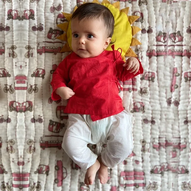 Kids Unisex Organic Cotton Red Angrakha and White Pants